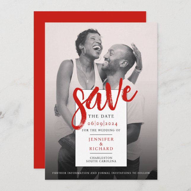 Stylish Modern Simple Red And White Photo Wedding Save The Date (Front/Back)