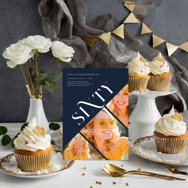 Stylish Modern Sixty | 60th Birthday 3 Photo Invitation (Creator Uploaded)