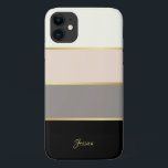 Stylish Modern Stripes Pattern with Name iPhone 11 Case<br><div class="desc">Stylish and feminine, this sleek design features wide horizontal stripes in cream, pink, taupe and black with thin gold lines dividing the colours of the stripes. A text template is included to personalise with your name, monogram initials or other desired text. You can also delete the sample text If you...</div>