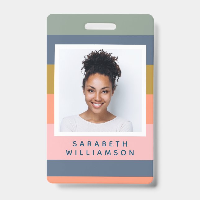 Stylish Modern Stripes Pretty Earthy Name Photo ID Badge (Front)