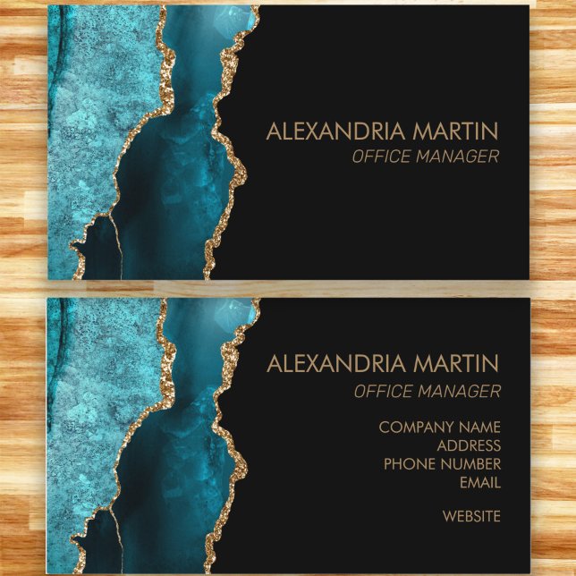 Stylish Modern Teal Black Gold Glitter  Business Card (Modern teal, black, and gold marble business card.)