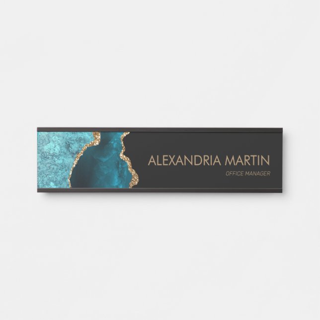 Stylish Modern Teal Black Gold Glitter Door Sign (Front)