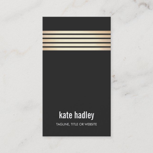 Stylish Modern Thin Gold Striped Pattern Black Business Card (Front)