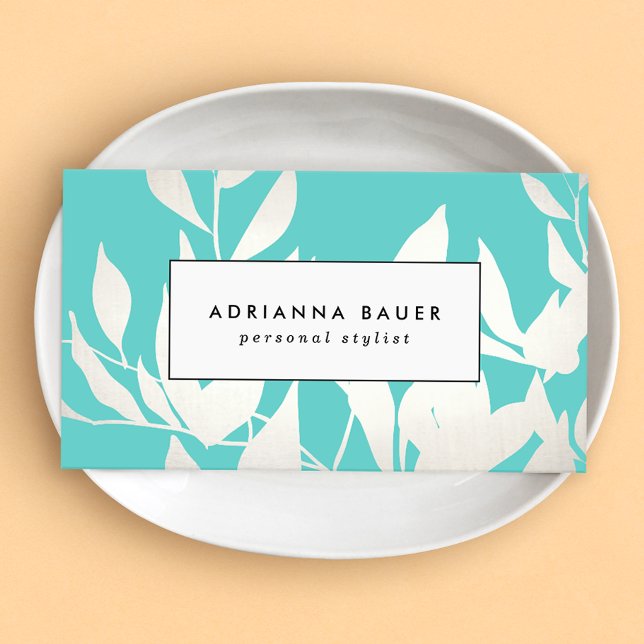 Stylish Modern White and Turquoise Leaves Pattern Business Card (Creator Uploaded)