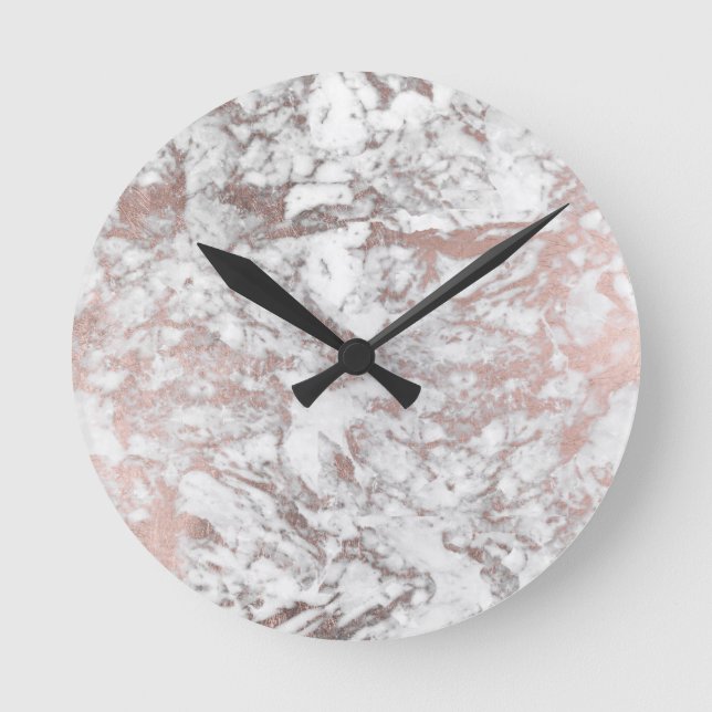 Stylish modern white faux rose gold elegant marble round clock (Front)