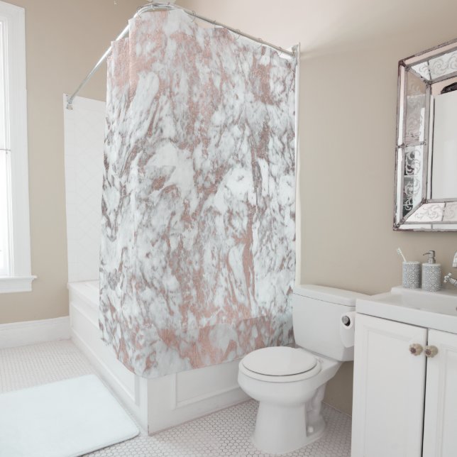 Stylish modern white faux rose gold elegant marble shower curtain (In Situ)