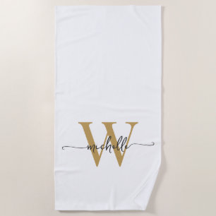 Stylish Modern White Gold Monogram Name Script Beach Towel