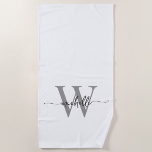 Stylish Modern White Grey Monogram Name Script Beach Towel