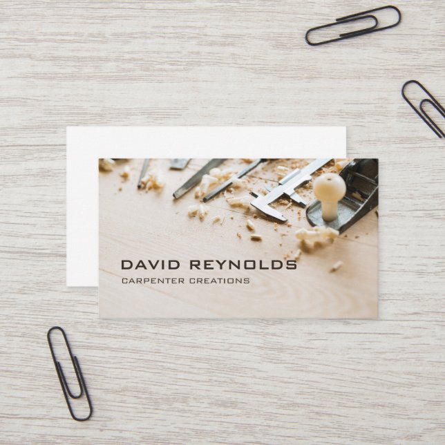 Stylish Modern Wooden Carpenter Construction Business Card (Front/Back In Situ)