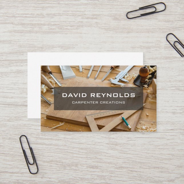 Stylish Modern Wooden Carpenter Construction Business Card (Front/Back In Situ)