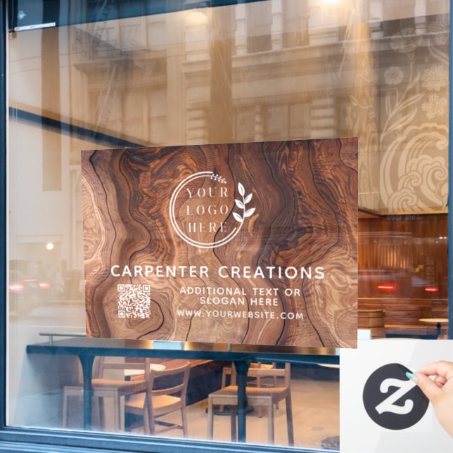 Stylish Modern Wooden Carpentry Logo QR Code Window Cling (Cafe Window)
