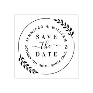 Stylish Modern Wreath & Cute Script Save The Date Rubber Stamp