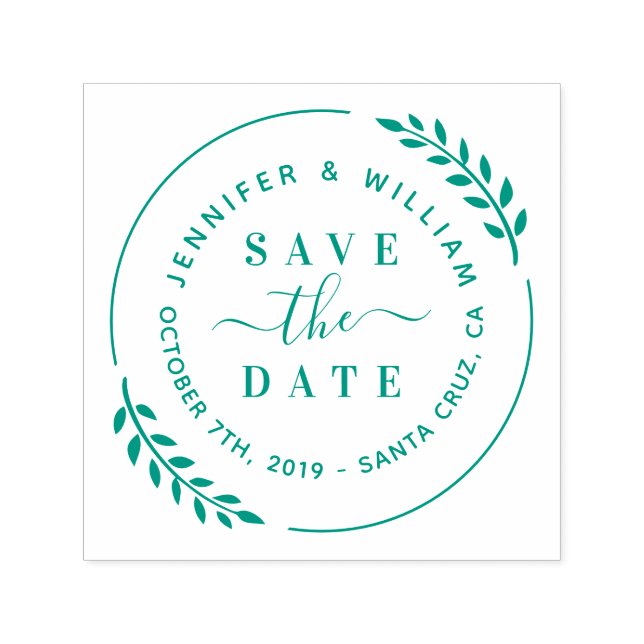 Stylish Modern Wreath & Cute Script Save The Date Self-inking Stamp (Design)