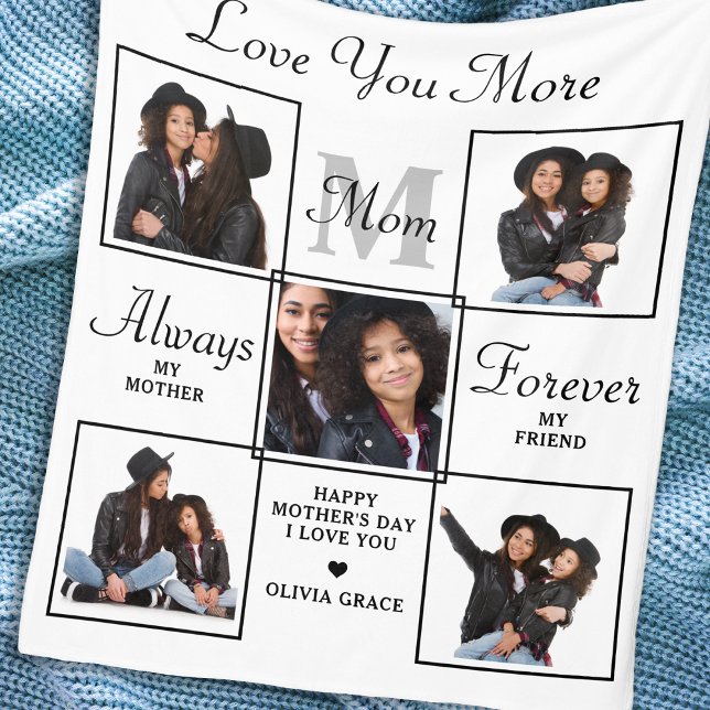 Stylish MOM Personalised Monogram 5 Photo Collage Fleece Blanket (Creator Uploaded)