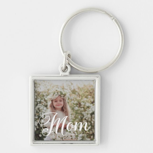 Stylish Mom Typography Photo and Name Keychain (Front)