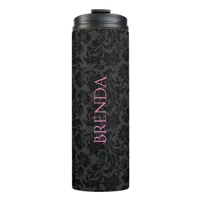 Stylish Monochromatic Black & Grey Damasks Pattern Thermal Tumbler (Front)