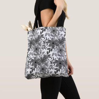 Stylish Monochromatic Grey/White Floral Pattern Tote Bag