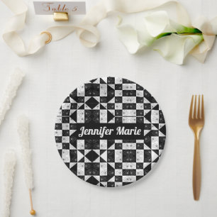 Stylish monochrome chequered floral triangles paper plate