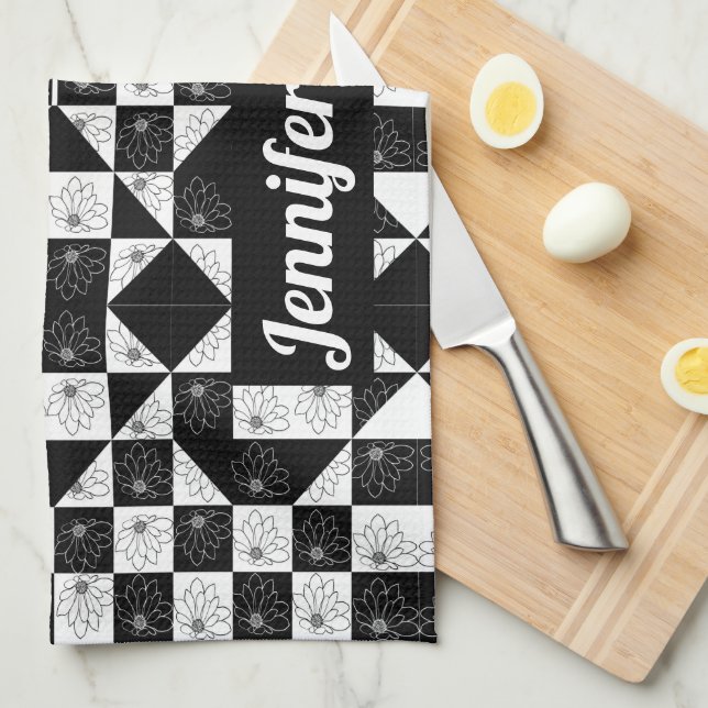 Stylish monochrome chequered floral triangles tea towel (Quarter Fold)