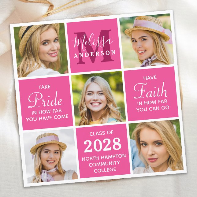 Stylish Monogram 5 Photo Collage Pink Graduation I Invitation (Creator Uploaded)