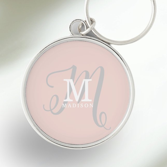 Stylish Monogram and Name Calligraphy Pink Key Ring (Personalize this feminine keychain with your name and monogram initial.)