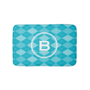 Stylish monogram aqua blue argyle pattern bath mat