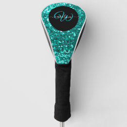 Stylish monogram aqua teal glitter name black golf head cover
