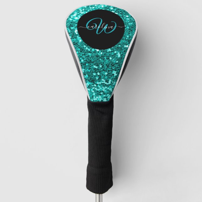 Stylish monogram aqua teal glitter name black golf head cover (Front)