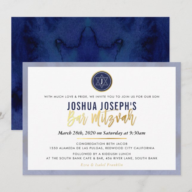 STYLISH MONOGRAM BAR MITZVAH navy blue gold script Invitation (Front/Back)