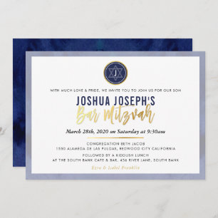 STYLISH MONOGRAM BAR MITZVAH navy blue gold script Invitation