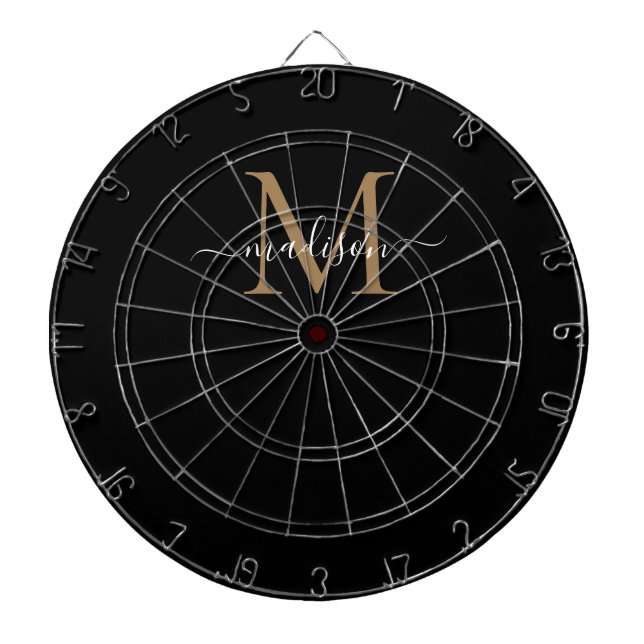 Stylish Monogram Black Gold Elegant Girly Script Dartboard (Front)