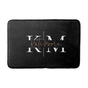 Stylish Monogram Black Gold Script Elegant Bath Mat