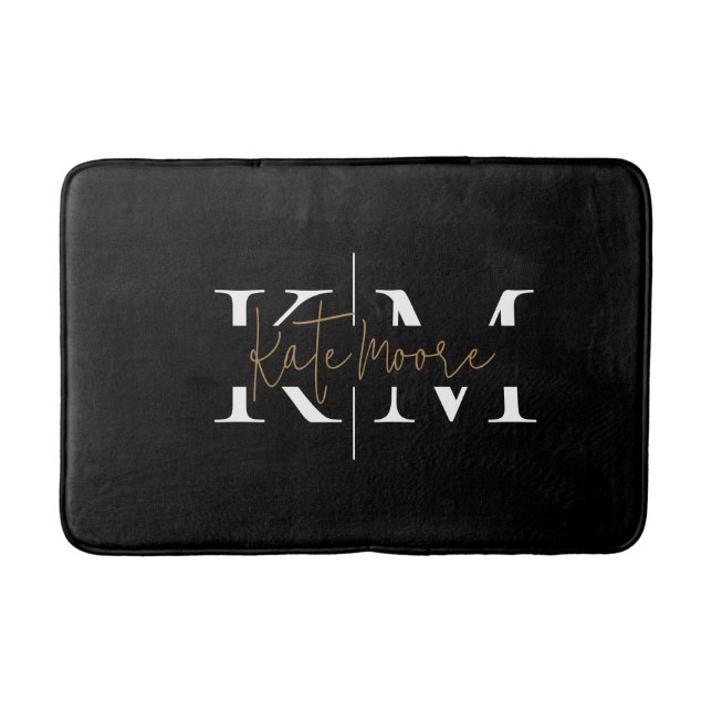 Stylish Monogram Black Gold Script Elegant  Bath Mat (Front)