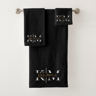 Stylish Monogram Black Gold Script Elegant Bath Towel Set