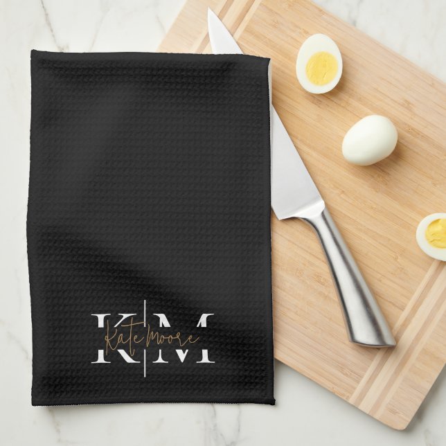 Stylish Monogram Black Gold Script Elegant  Tea Towel (Quarter Fold)