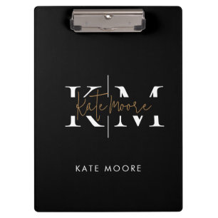 Stylish Monogram Black Gold Script Office School Clipboard