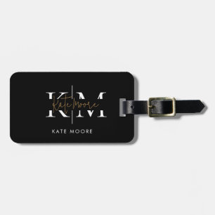 Stylish Monogram Black Gold Script Office School Luggage Tag