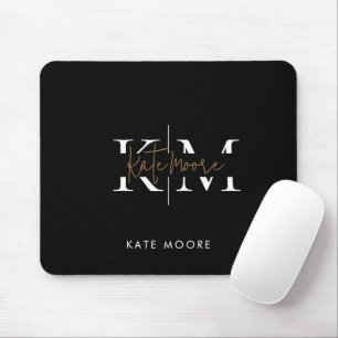 Stylish Monogram Black Gold Script Office School Mouse Mat