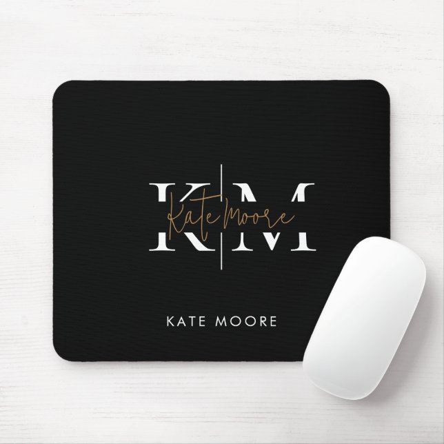 Stylish Monogram Black Gold Script Office School Mouse Mat (With Mouse)