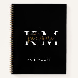 Stylish Monogram Black Gold Script Office School Notebook