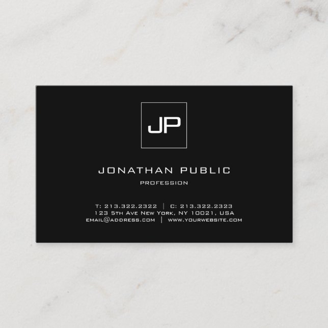 Stylish Monogram Black White Plain Professional Business Card (Front)