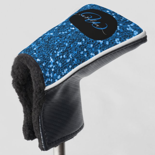 Stylish monogram blue glitter name black golf head cover (3/4 Front)