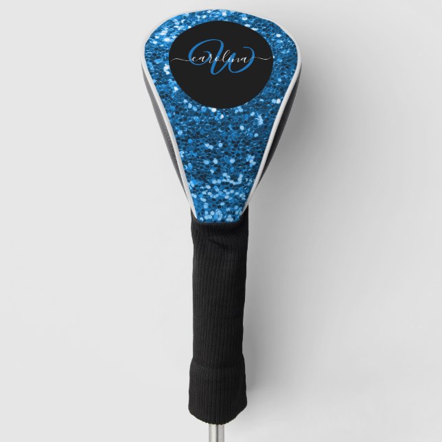 Stylish monogram blue glitter name black golf head cover (Front)