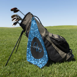 Stylish monogram blue glitter name black golf towel