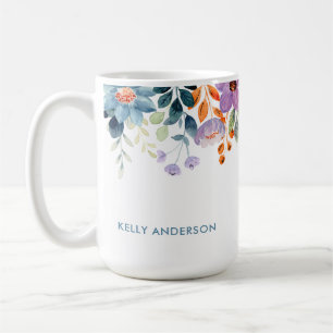 Stylish Monogram Blue Purple Watercolor floral Coffee Mug