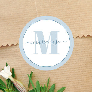 Stylish Monogram Blue Simple Minimalist Custom Classic Round Sticker