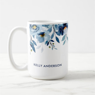 Stylish Monogram Blue Watercolor floral Coffee Mug