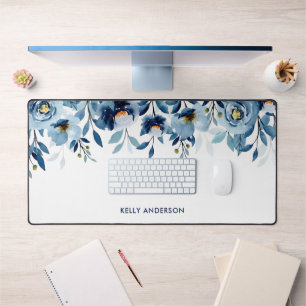 Stylish Monogram Blue Watercolor floral Desk Mat
