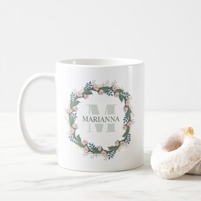 Stylish Monogram Botanical Pink Floral Rose Wreath Coffee Mug (With Donut)