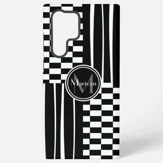Stylish monogram check and stripes samsung galaxy s22 ultra case (Back)